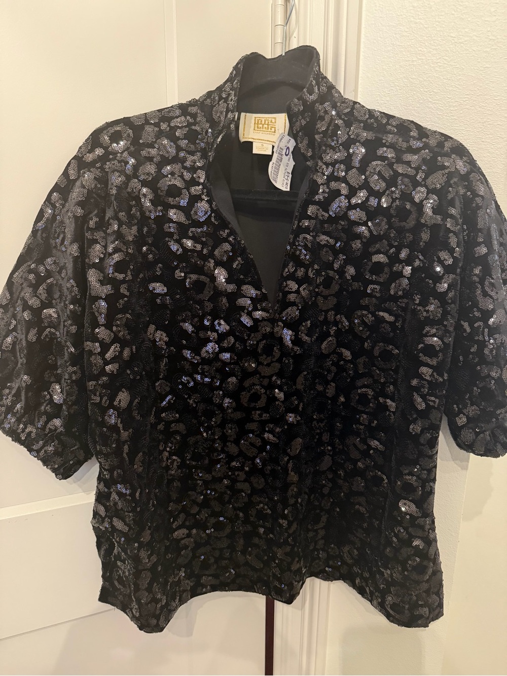 Metallic Leopard Print Black Sequin Blouse - Elegant Evening Top Small